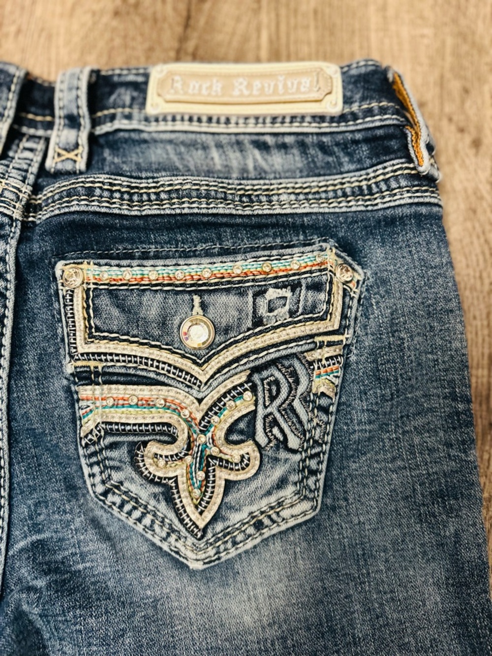 Rock Revival Women's Embroidered Dark Blue Denim Easy Capris